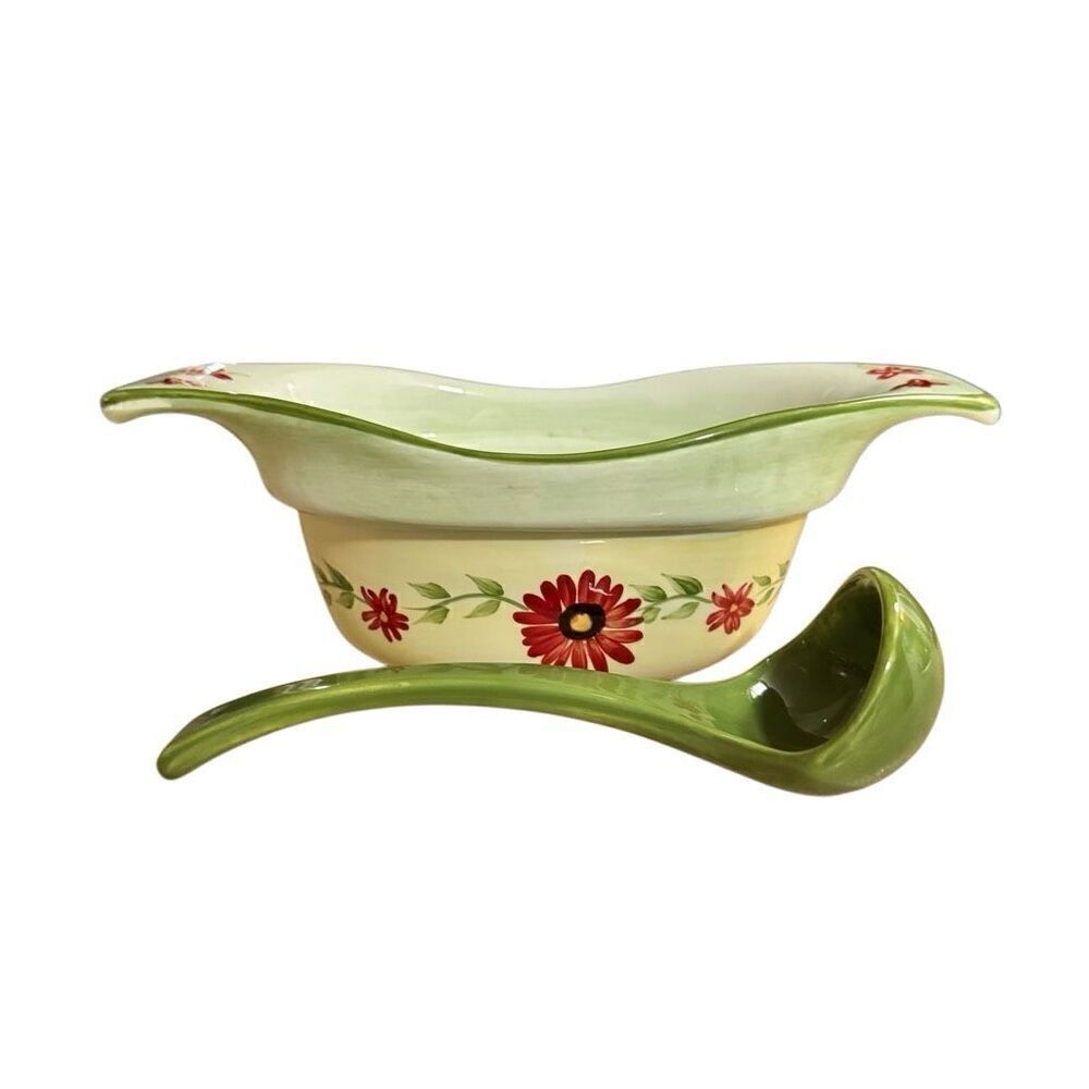 Pfaltzgraff Daybreak Gravy Server with Ladle Yellow Green Red Floral Gravy Boat